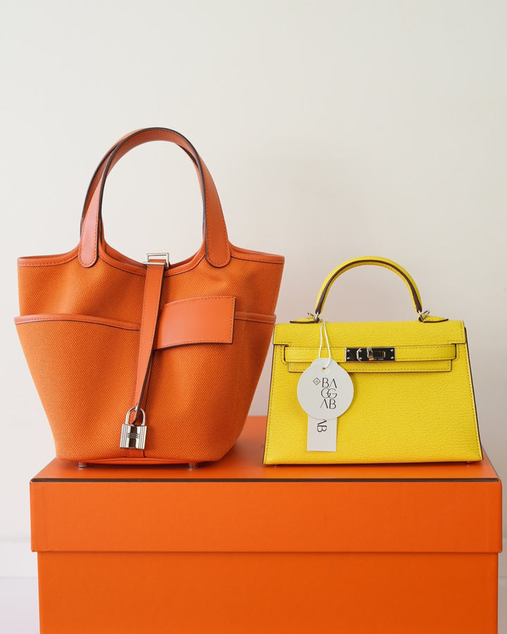 Hermès Kelly Mini Chèvre Mysore Jaune Citron Palladium Hardware