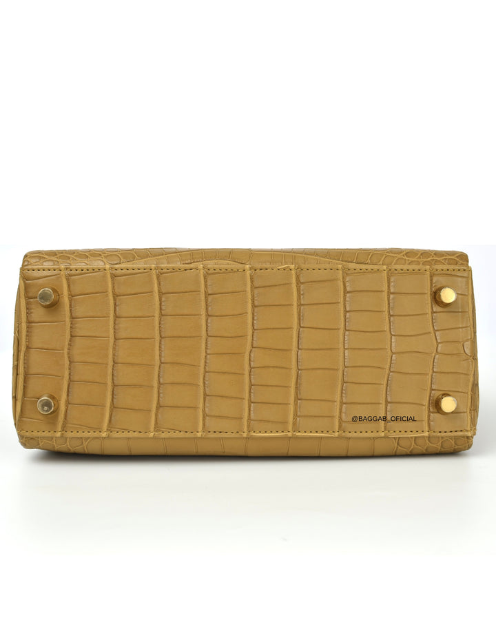 Hermès Kelly 25 HSS Retourne Matte Alligator Kraft / Mimosa Gold